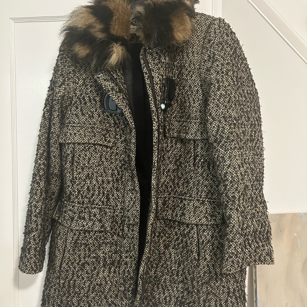 Trina Turk Tweed Pea Coat with Faux Fur Collar